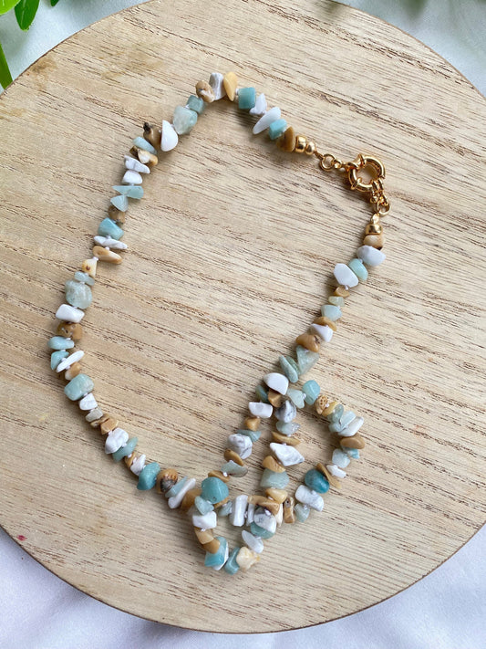Amazonite and Coral Chip Silk-Knotted Necklace