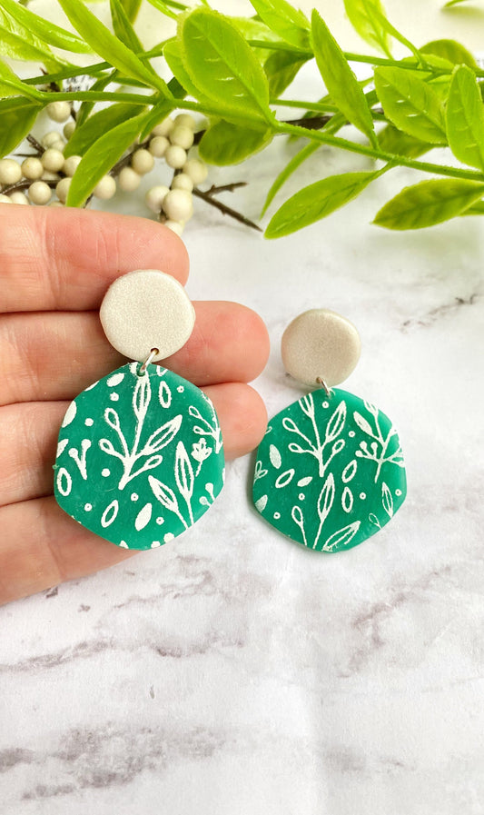 Green Floral Hexagon Earrings