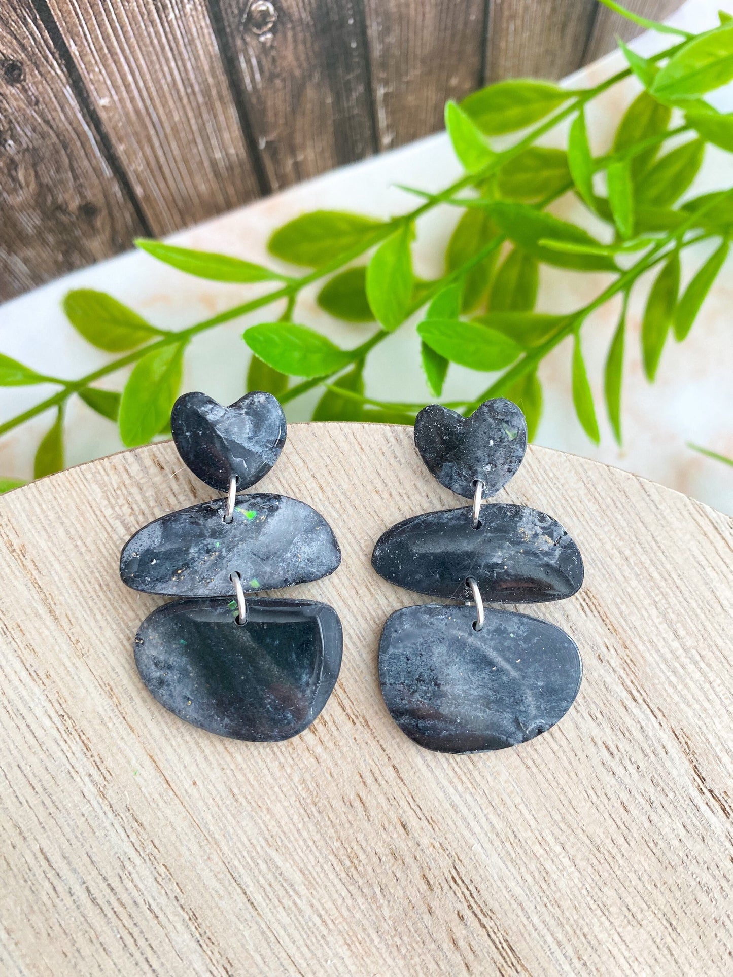 Black Heart Pebble Stack Earrings