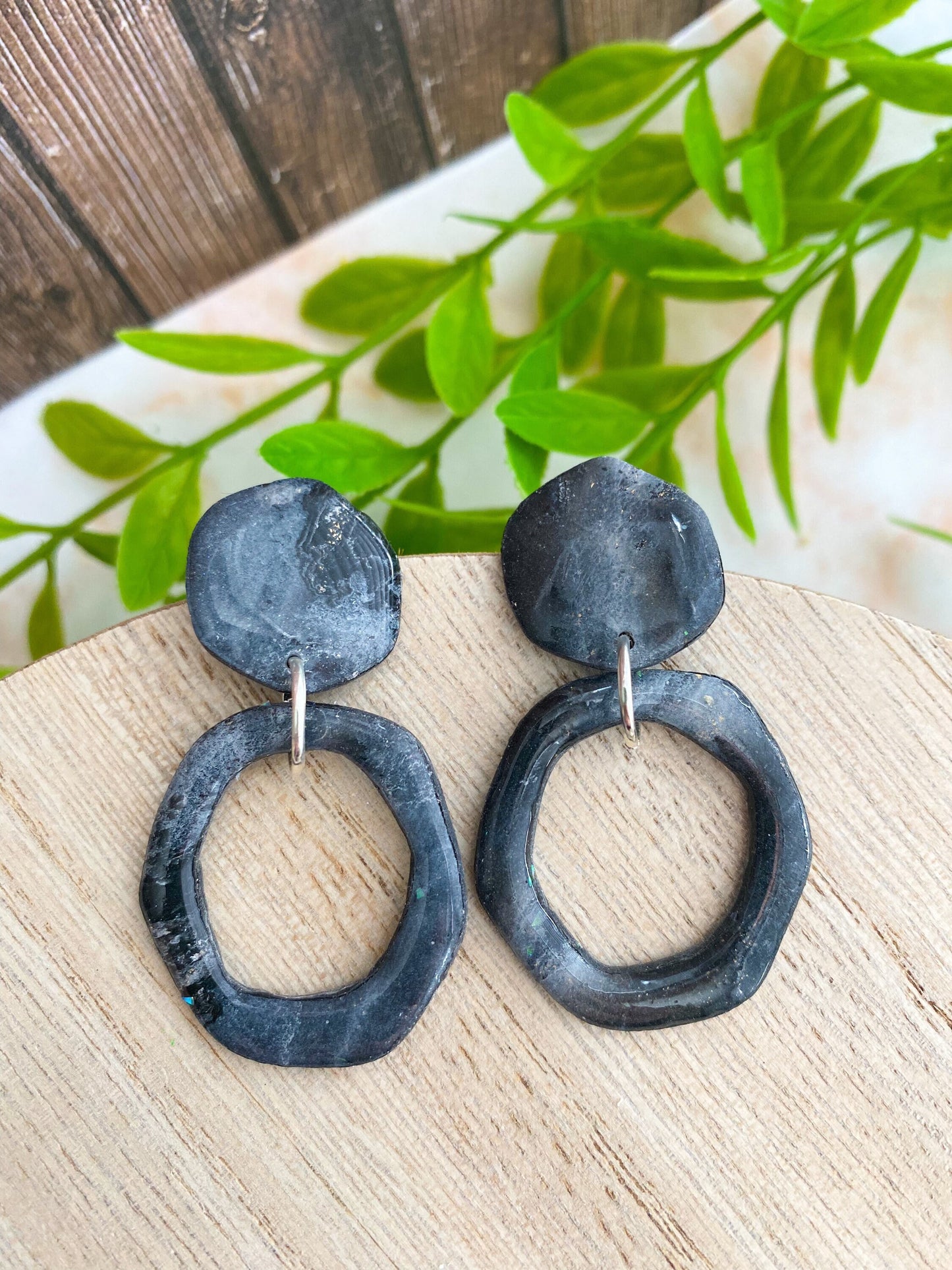 Black Faux Stone Donut Cut Hexagon Earrings