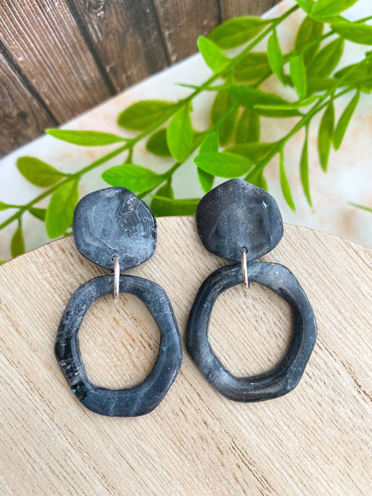 Black Faux Stone Donut Cut Hexagon Earrings